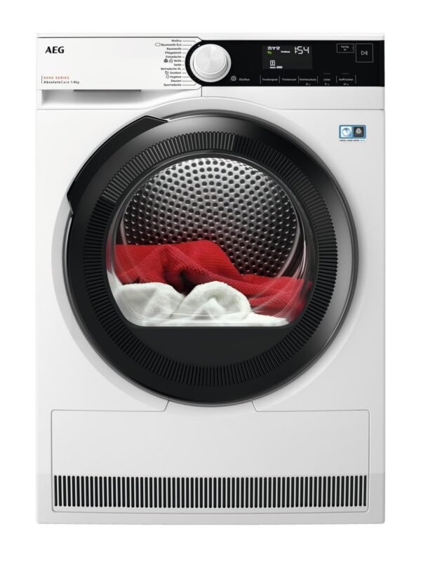7332543841554_1.jpg AEG TR8T70680 Wärmepumpentrockner Serie 8000 AbsoluteCare® mit Trommelsteuerung (8 kg, Weiß / Schwarz / Weiß)